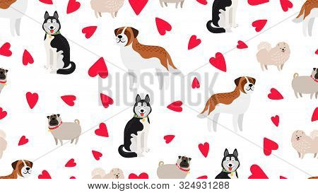 Dogs Seamless Pattern. Pet Love Texture. Vector Cute Dogs And Hearts Background