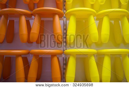 Alcorcon, Spain - Jul 14th 2019: Three Legs Plastic Stool For Children. Ikea Store