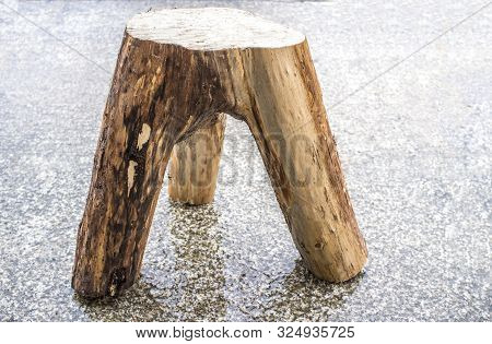 Three Legs Stump Stool Made With Tree Trunk And Main Branches. Rustic Home Design