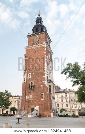 Krakow, Poland - July 26, 2019: Town Hall Tower At Main Market Square In The Old Town Of Kakow.