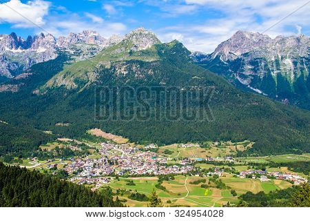 Aerial View Of Andalo, Turistic Town In The Dolomites, Trentino, Italy