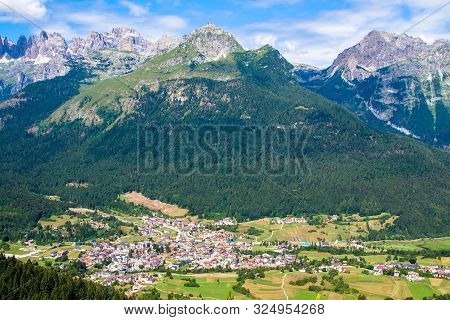 Aerial View Of Andalo, Turistic Town In The Dolomites, Trentino, Italy