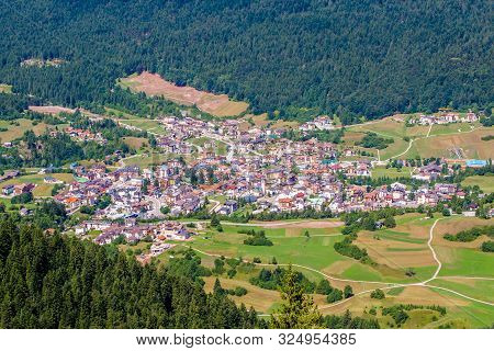 Aerial View Of Andalo, Turistic Town In The Dolomites, Trentino, Italy