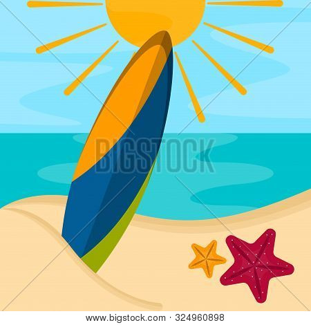 Surfboard On A Sea Landscape. Vactions Time - Vector Illustration