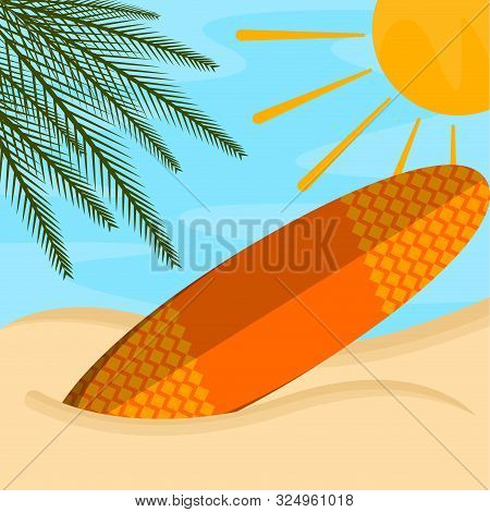 Surfboard On A Sea Landscape. Vactions Time - Vector Illustration