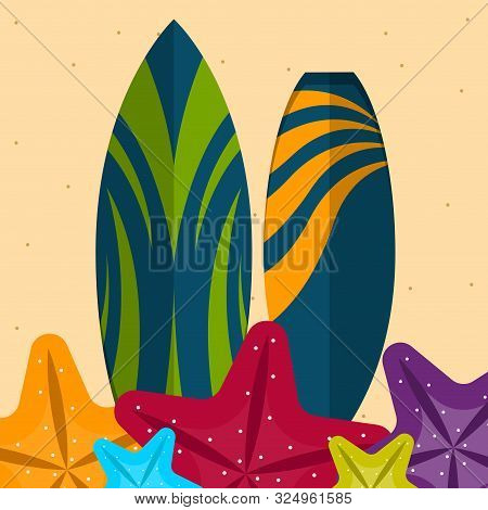 Surfboard On A Sea Landscape. Vactions Time - Vector Illustration