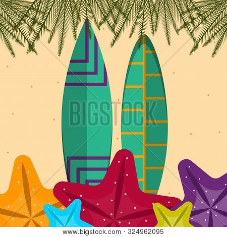 Surfboard On A Sea Landscape. Vactions Time - Vector Illustration