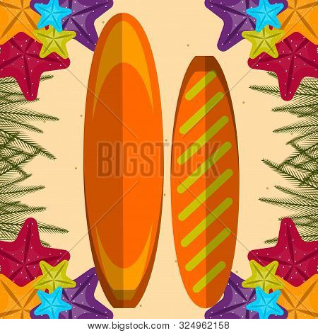 Surfboard On A Sea Landscape. Vactions Time - Vector Illustration
