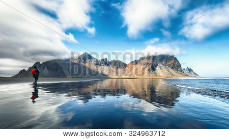 Splendid Sunny Day And Gorgeous Reflection Of Vestrahorn Mountaine On Stokksnes Cape In Iceland. Loc