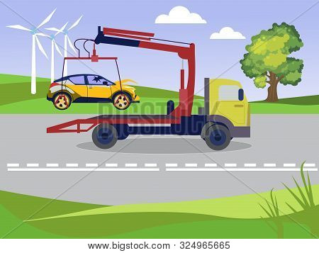 Tow Truck Takes Away A Broken Car After An Accident. In Minimalist Style. Cartoon Flat