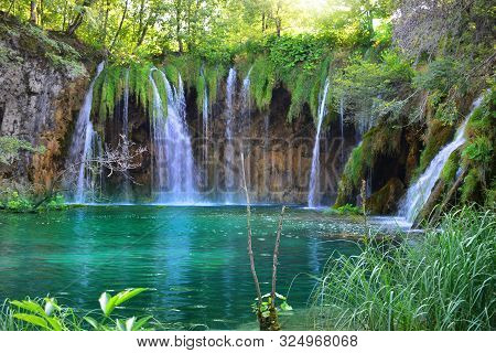 Waterfalls In Forest. Plitvice National Park, Croatia