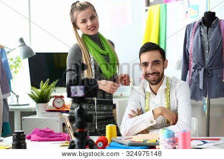 Clothes Design Process Needlework Video Tutorial. Designers Creative Team Recording Blog For Social 