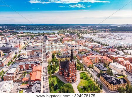 Lulea, Sweden - July 05, 2019: Panorama City, Cathedral Sunny Day, Blue Sky