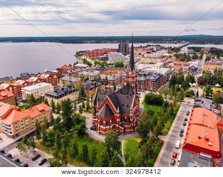 Lulea, Sweden - July 05, 2019: Panorama City, Cathedral Sunny Day, Blue Sky