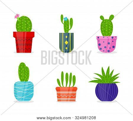 Vector Isolated Cactus And Succulents Set. Cute Green Cactuses In Flower Pots
