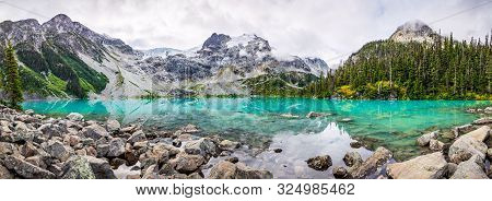 Daytime Mountain Panorama With Beautiful Turquoise Glacier Fed Lake. Joffre Lakes Provincial Park, B