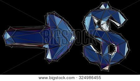 Symbol collection arrow and dollar made of 3d render blue color. Collection of low polly style symbol isolated on black background