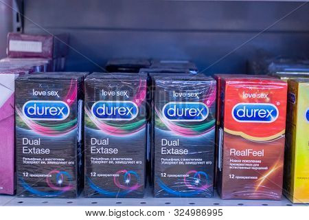 Tyumen, Russia-august 27, 2019: Selling Condoms Durex Dual Ecstasy. On The Counter Of A Retail Store