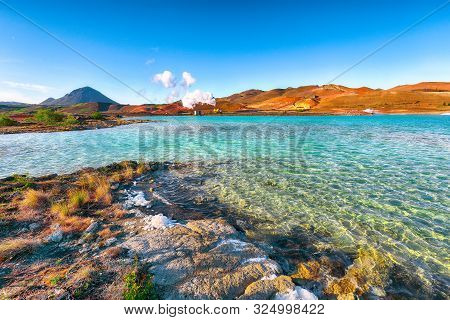 Geothermal Landscape At Krafla Bjarnarflag Diatomite Power Station  And Hlidarfjall Mountain In The 