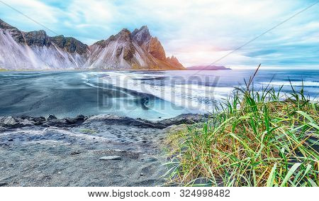 Dramatic Black Sand Beach On Stokksnes Cape In Iceland. Location: Stokksnes Cape, Vestrahorn (batman