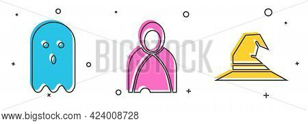 Set Ghost, Mantle, Cloak, Cape And Witch Hat Icon. Vector