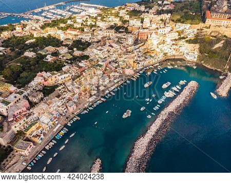 Aerial Drone View Of Corricella Fisherman Village In Procida Island Naples Italy