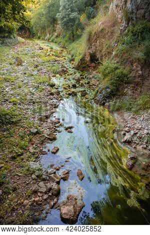 Green Waters Of The River Near The Pastena Cave In Fronzinone In Lazio In Italy