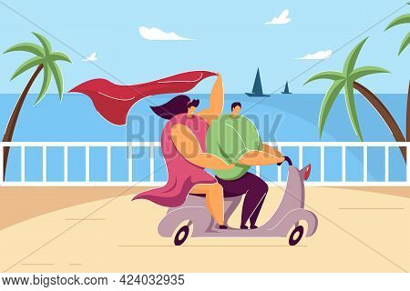 Happy Couple Riding Motorbike On Summer Holiday. Flat Vector Illustration. Cartoon Young Man And Gir