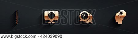 Set Billiard Cue, Location With Bowling Ball, And Icon With Long Shadow. Vector