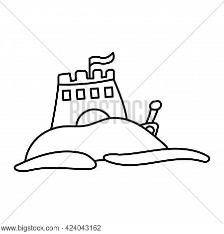 Sandy Sand Castle With A Tower. Childrens Play In The Sandbox. Doodle Style. Vector Line Icon. Edita