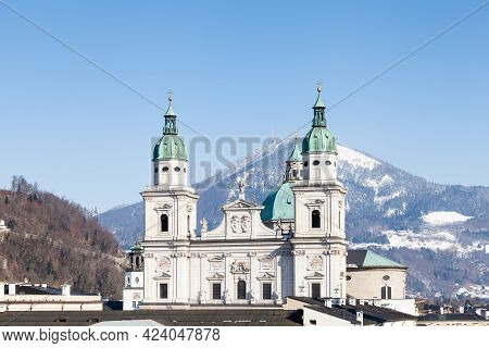 Salzburg, Austria - February 25:  Salzburg Cathedral Is Pictured On February 25, 2018.  In The Backg