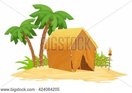 Beach Bungalow, Tiki Hut With Straw Roof, Bamboo And Wooden Details On Sand In Cartoon Style Isolate