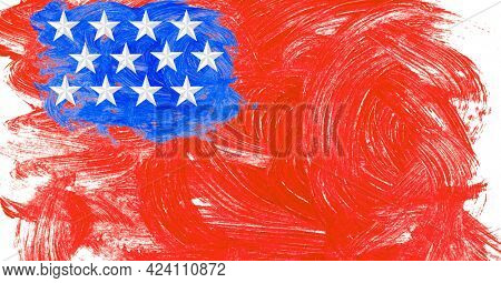 Composition of painted american flag stars and stripes pattern on white background. united states of america patriotism and independence concept digitally generated image.