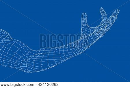Hand Hold Some Tiny Or Thin Object. Vector Rendering Of 3d. Wire-frame Style. Hand Hold Somethin