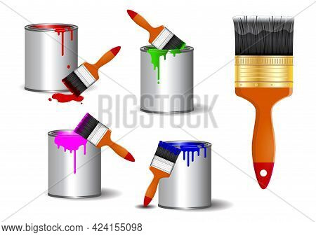 Set Of Realistic Brush Paint, Or Paint Can With Brush Effect Realistic In Various Color Painting Or 