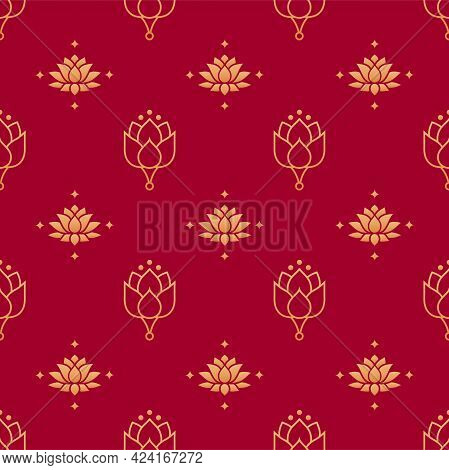 Lotus Chinese Floral Seamless Vector Pattern With Flowers And Leafs Decoration Elements