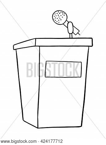 Cartoon Vector Illustration Of Wooden Lectern And Microphone. Black Outlined And White Colored.