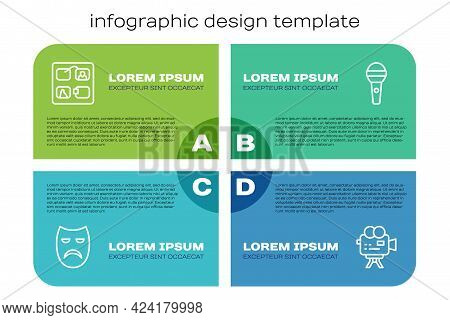 Set Line Drama Theatrical Mask, Storyboard, Retro Cinema Camera And Microphone. Business Infographic