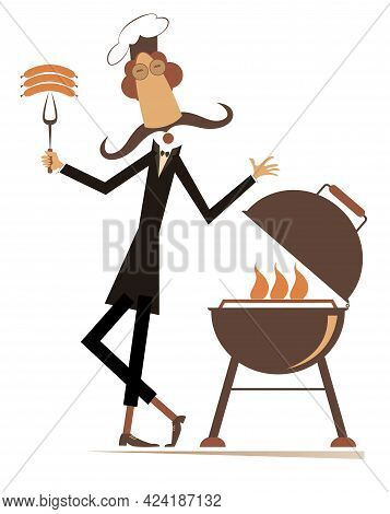 Comic Cook With Long Mustache Prepares Meal On Fire Isolated Illustration.
Comic Cook With Long Must