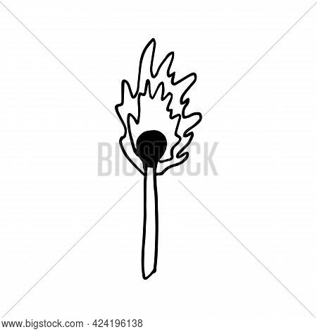 Vector Hand Drawn Burning Match. Doodle Style. Simple Vector Illustration. Graphic Match With Fire. 