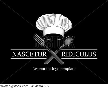 Chief's Hat With Fork And Spoon. Restaurant Logo Template. White On Black. Stock Vector Illustration