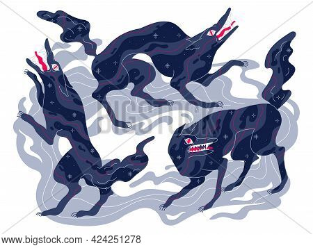 Scary Wolves, Vicious Aggressive Beast, Dark Fairy Tale Mystical Character.