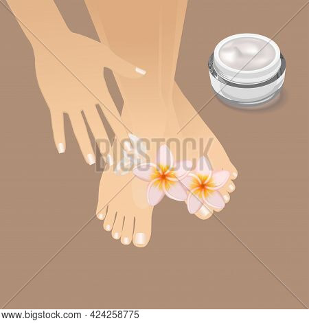 Beautiful Well-groomed Female Hand Applying Foot Moisturizer. Slender Groomed Woman's Feet With Crea