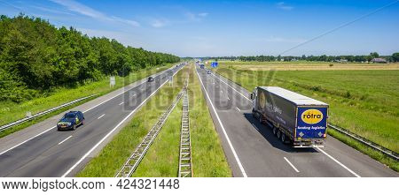 Assen, Netherlands - June 8, 2021: Panorama Of A Truck And Cars On Highway A28 Through The Landscape