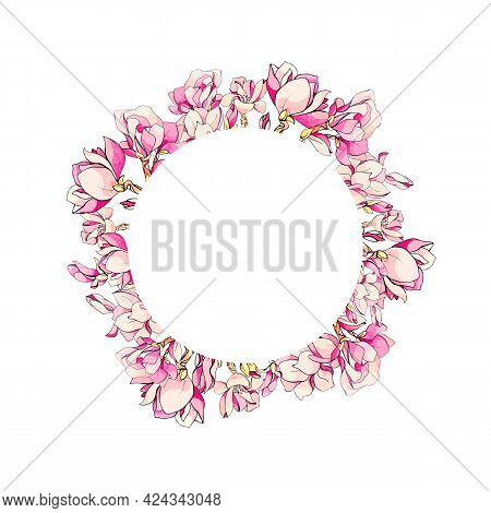 Decorative Circle Frame For Floral Design With Cherry Tree Flower And Branch. Sakura Pink Flowers Ro