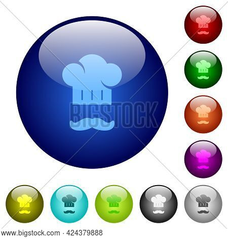 Chef Hat And Mustache Icons On Round Glass Buttons In Multiple Colors. Arranged Layer Structure