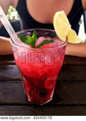 Uherske Hradiste, Czech Republic, 06.21.2021 Close-up View Of A Dewy Glass Full Of Mojito In A Resta