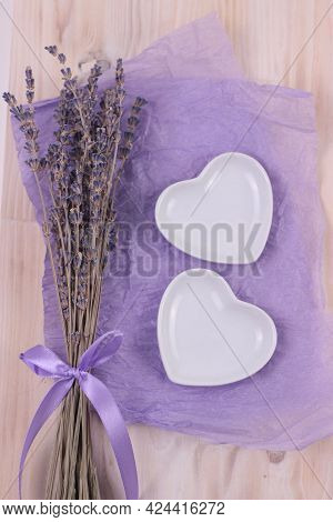 Lavander Bunch With Empty White Hearts Plates On Violet Paper  Background.party Wedding Romantice Ta