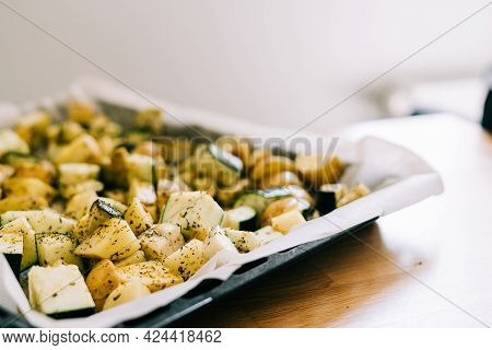 Healthy Food Background. Less Meat Concept. Vegetarian Food On Wooden Background. Backing Sheet With