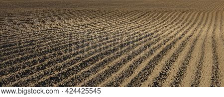 Furrows In The Ground After Plowing As A Background Or Backdrop.